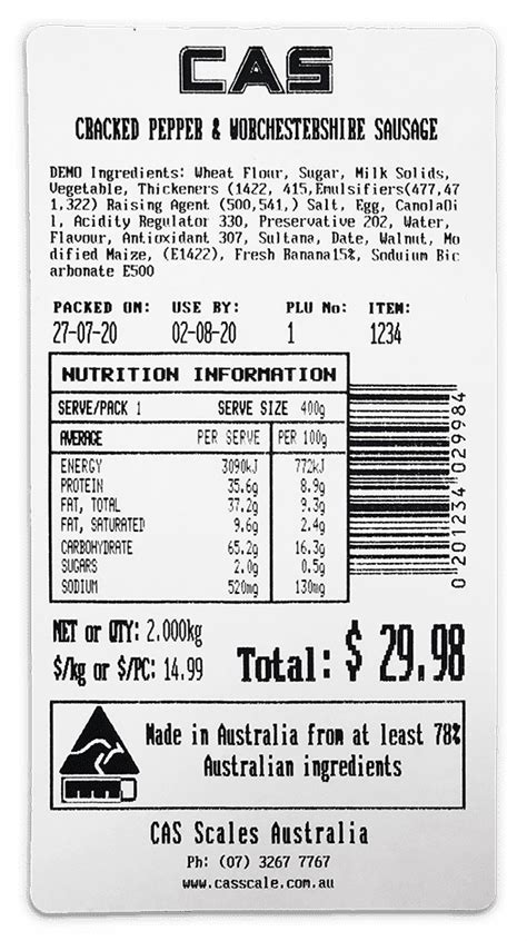 CAS Label Design ID62 - 58 x 110mm PLU Item - CAS Scales Australia