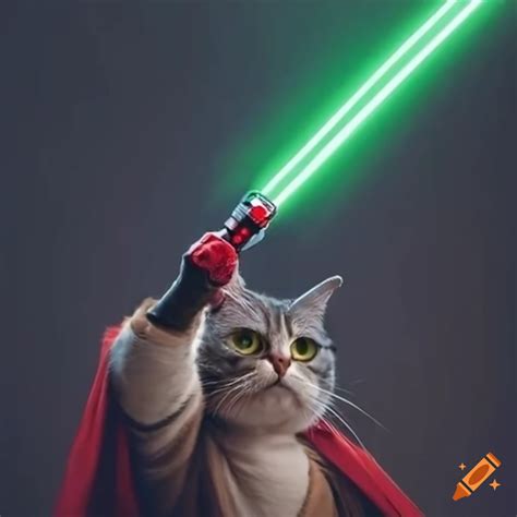 Cat in jedi cosplay with red lightsaber
