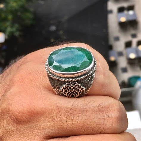 Emerald Mens Ring Natural big Gemstone Sterling Silver Unique ...