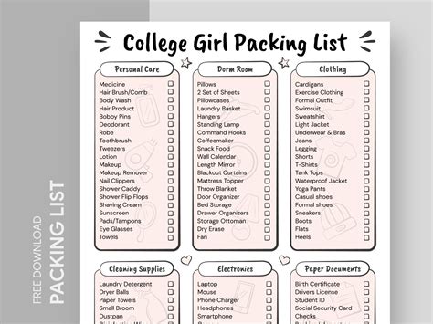 College Girl Packing List Free Google Docs Template by Free Google Docs ...