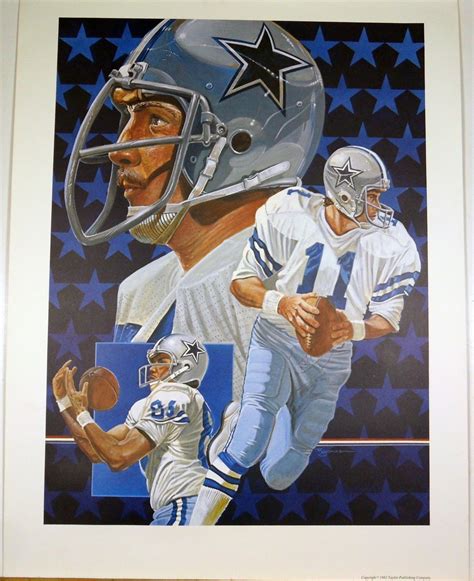 a painting of two football players on a blue and white background with stars around them