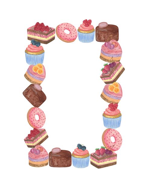Cakes rectangular frame watercolor illustration, dessert fruit, chocolate, heart-shaped cakes ...