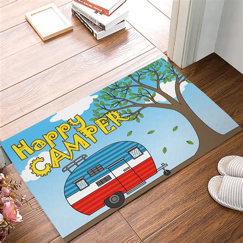 Fabric & Non Slip Door Mats Happy Camping Retro Caravan Pattern Decorative Doormat Indoor ...