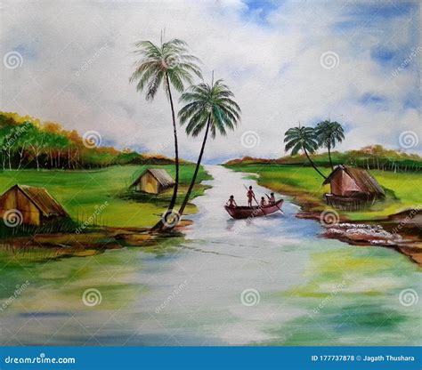 Village Scenery In Landscape Acrylic Painting Royalty-Free Stock Image ...