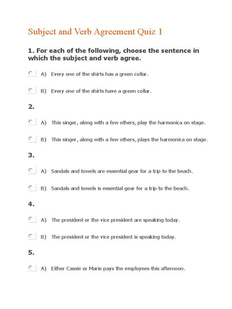 Subject and Verb Agreement Quiz 1.docx | Grammatical Number | Plural