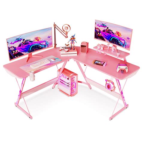 Buy MOTPK Pink Gaming Desk L Shaped, Gamer Desk Gaming Table with Carbon Fiber Surface, Corner ...
