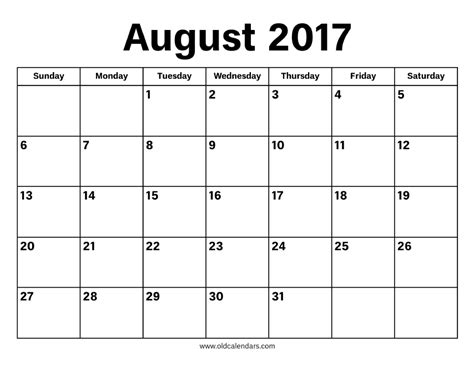 August 2017 Calendar – Printable Old Calendars