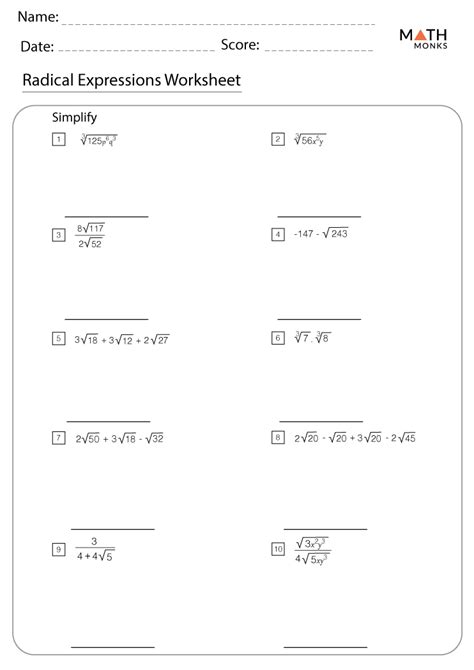 Radical Expressions Worksheets