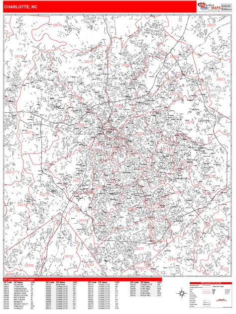 Charlotte North Carolina Zip Code Wall Map (Red Line Style) by ...