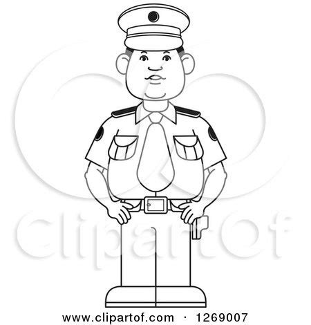 Clipart of a Black and White Police Man Standing in Uniform - Royalty ...