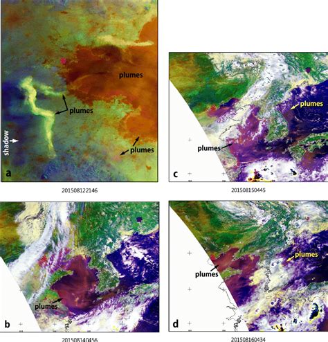 NOAA satellite images showing widespread smoke plumes from Tianjin ...