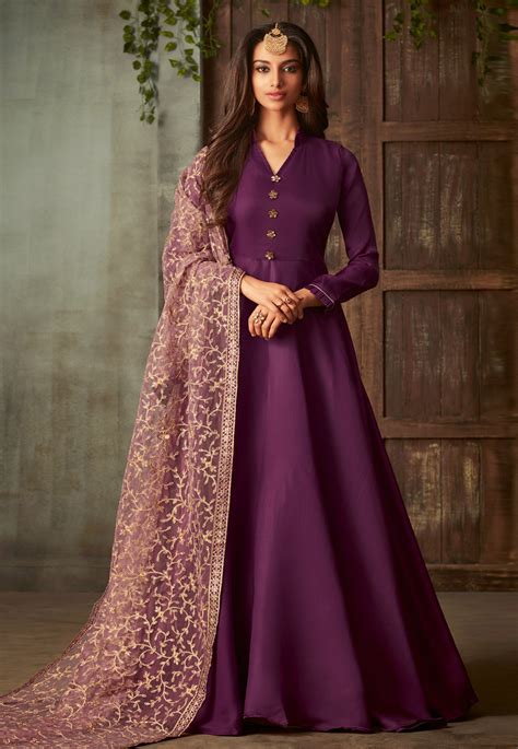 Purple Silk Long Anarkali Suit 185085 | Silk anarkali suits, Anarkali dress, Indian outfits