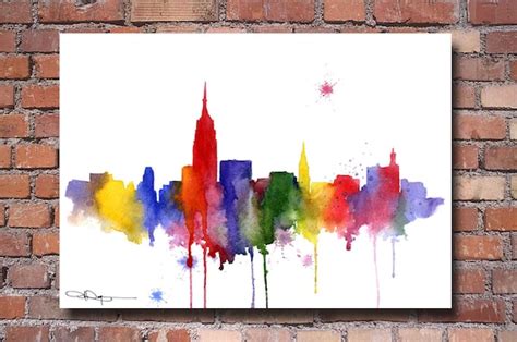 New York Skyline Manhattan Watercolor Wall Art Decor | Etsy