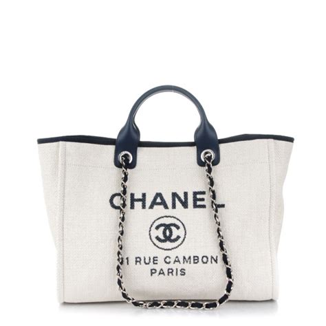 CHANEL Canvas Large Deauville Tote White Navy 168939