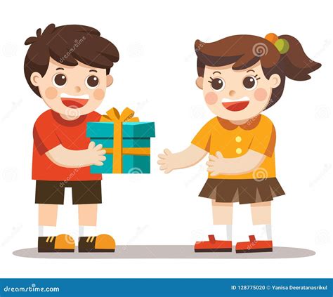 A Little Boy Giving Girl Birthday Gift Box. Stock Vector - Illustration ...