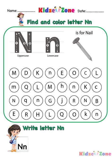 Kindergarten Letter N worksheets - Find and Color - KidzeZone