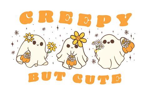 Cute Halloween ghosts with daisy flower, kawaii Retro floral spooky ...