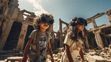 Premium AI Image | shot of 2 kids playing around with VR at the ruins ...