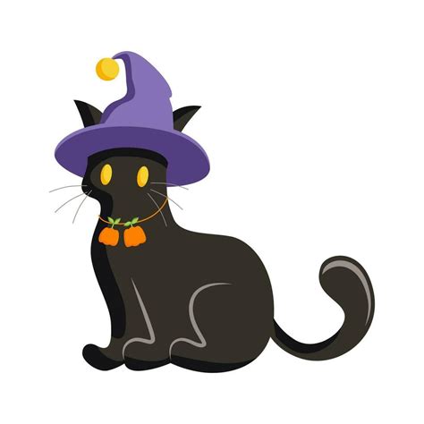 Black Halloween cat in a witch hat, vector sticker, drawing, decoration ...