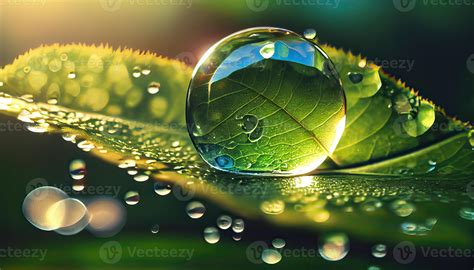 Large beautiful drops of transparent rain water on a green leaf macro ...