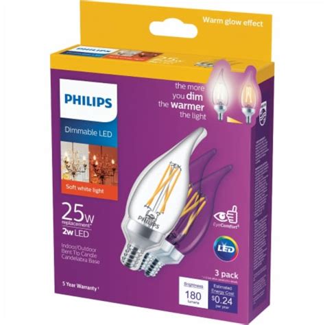 Philips 2-Watt (25-Watt) Candelabra Base Bent Tip Candle BA11 LED Light ...