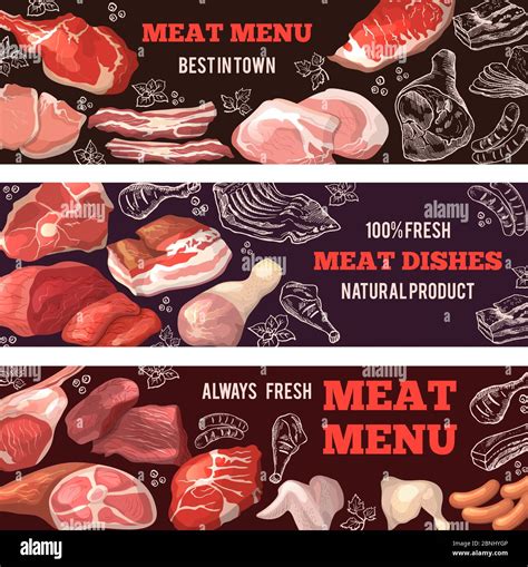 Banners with pictures of meat. Brochure design template for butcher ...