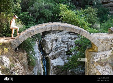 Arched Roman bridge design shape in countryside near Bugarach,Aude Province,South of France ...