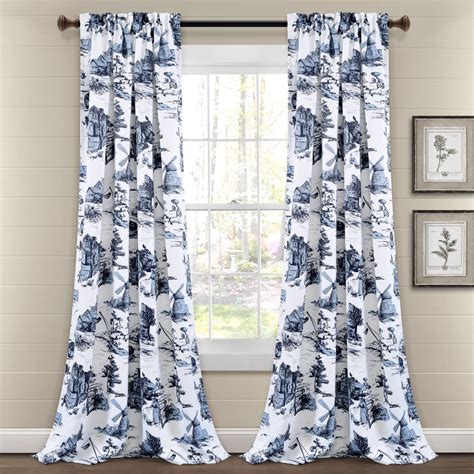 French Country Toile Room Darkening Window Curtain Panels White/Blue 52X95+2 Set - Walmart.com ...