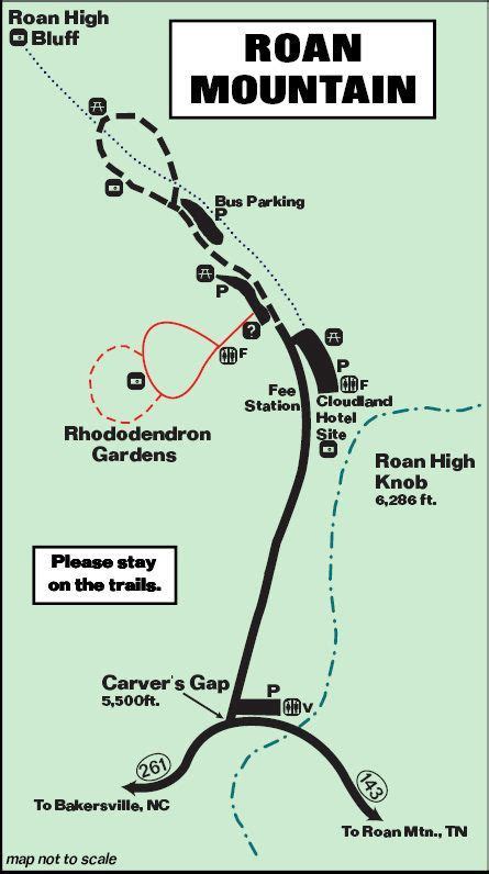 Roan Mountain Map, on the border of NC & TN--go in June for spectacular Rhododendron blooms ...