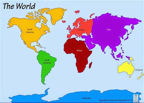 Printable map of the 7 continents with labelled in a different color ...