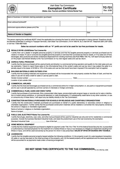 Tc-721 Form - Utah State Tax Commission Exemption Certificate printable ...