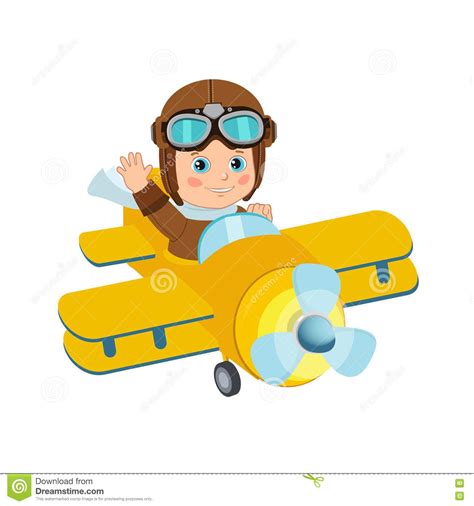 Cute Boy Pilot Flies On A Airplane. Tor. Retro Boy Pilot Isolated In ...