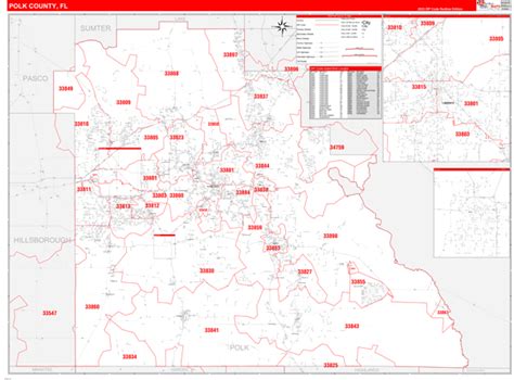 Polk County, FL Zip Code Wall Map Red Line Style by MarketMAPS - MapSales