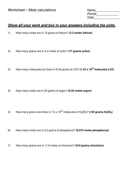 Worksheet Ã¢Â€Â“ Mole calculations Show all your work and box in your ...