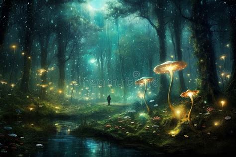Magic Dark Fairy Tale Forest at Night with Glowing Lights and Mushrooms. Illustration ...