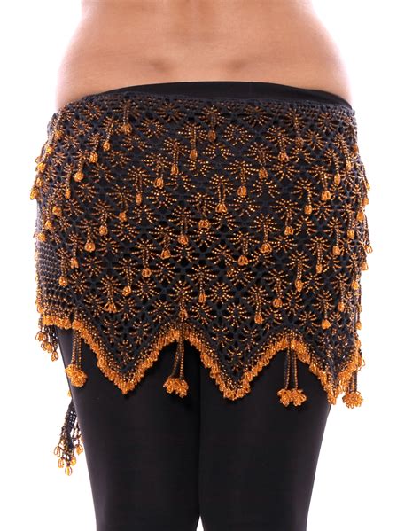 Beaded Crochet Hip Scarf in Black and Amber at Bellydance.com