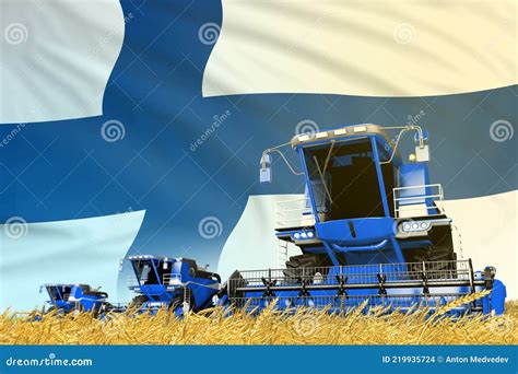 Blue Grain Agricultural Combine Harvester on Field with Finland Flag Background, Food Industry ...