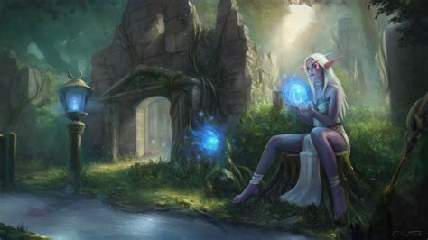 Wallpaper : Jorsch, drawing, Warcraft, women, Night Elves, long hair, silver hair, straight hair ...