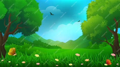 Premium Vector | Beautiful grassland with bushes, plants and trees ...