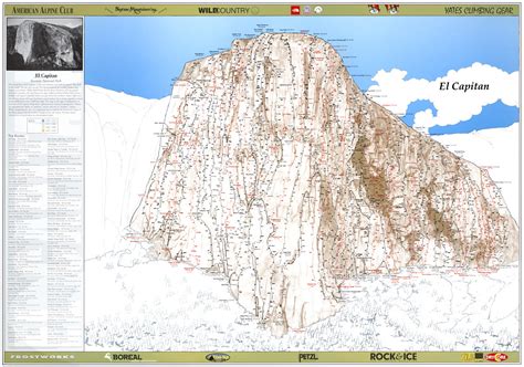 A map of the dozens of rock climbing routes up the cliffs of El Capitan ...