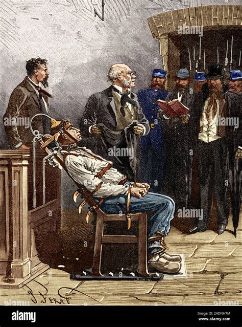 Electric chair. Engraving of William Kemmler, the first man to be executed by electric chair ...