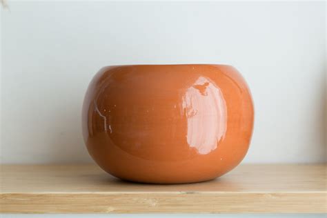 Vintage Orange Planter - Round Ceramic Glaze Plant Pot with Halloween Pumpkin Shape - Modern ...