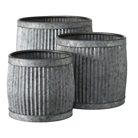 French Country Style Belly Bucket Planters, Set of 3, Galvanized Metal , Corrugated Cache Pots ...