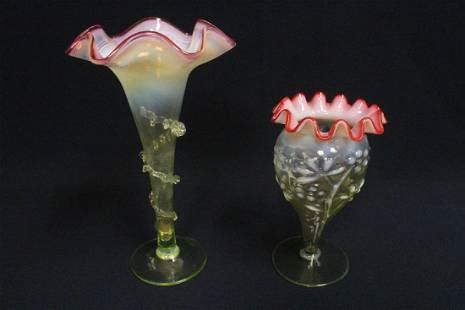 2 Hand Blown Vintage Amberina Art Glass Vases