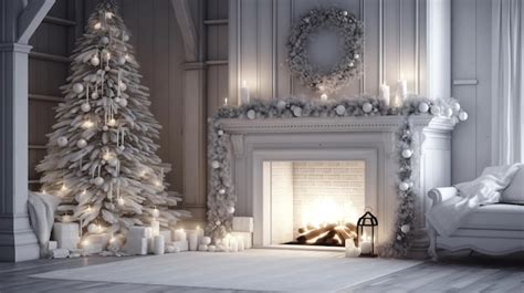 Premium AI Image | A christmas scene with a fireplace and a christmas tree.