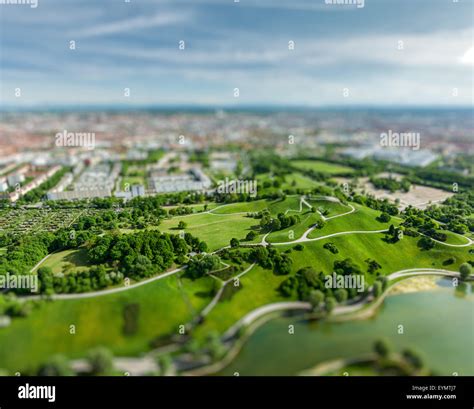 Aerial view of Olympiapark and Munich from Olympiaturm Olympic Tower ...