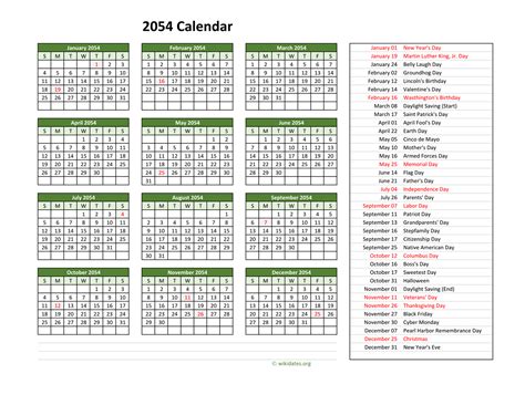 2054 Calendar with US Holidays | WikiDates.org