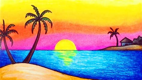 How to Draw Simple Scenery for Kids | Drawing Sunset Scenery - YouTube Landscape Drawing For ...