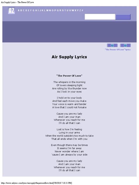 Air Supply Lyrics - The Power of Love | PDF