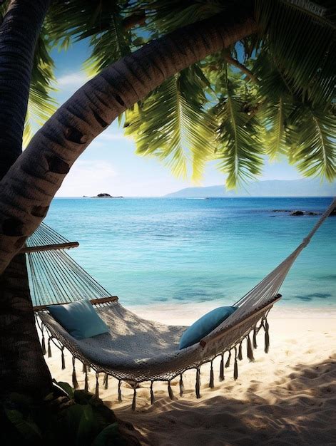 Premium AI Image | a hammock on a beach with palm trees in the background.